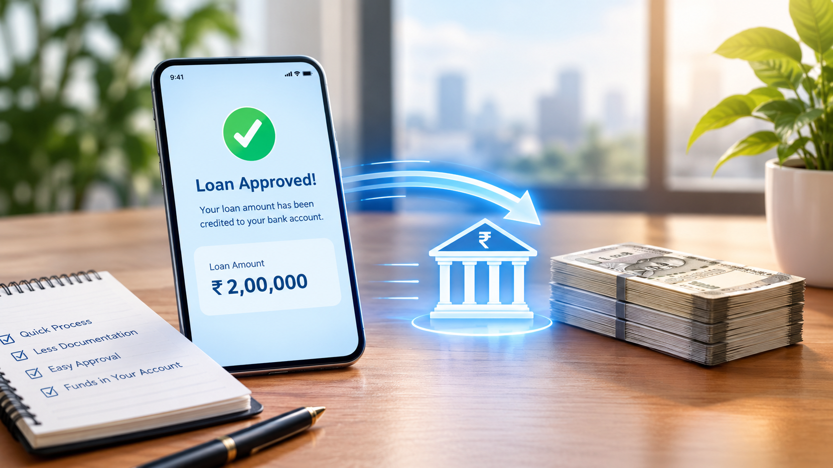 Instant loan disbursement showing an approved loan amount being digitally transferred to a bank account, with a smartphone, banking icon, and Indian currency.
